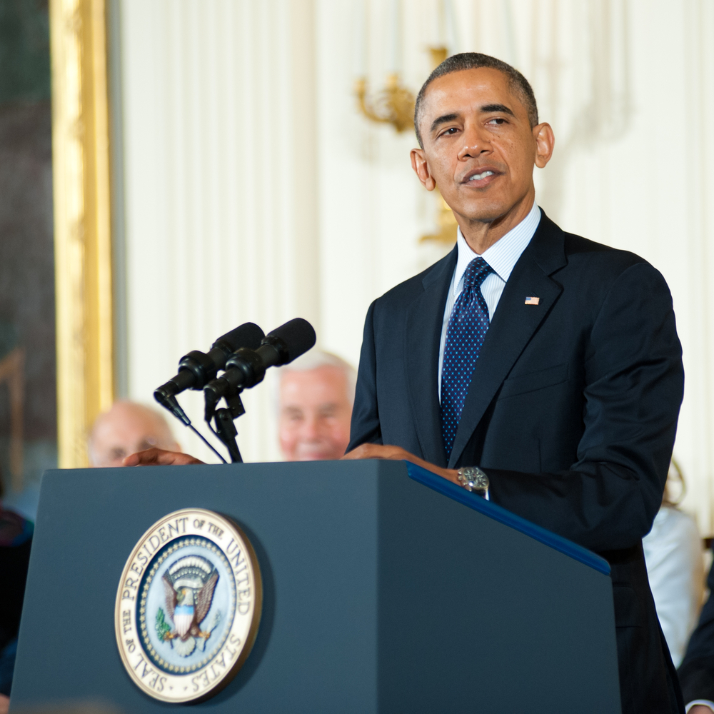 President Barack Obama speaking at a White House function.